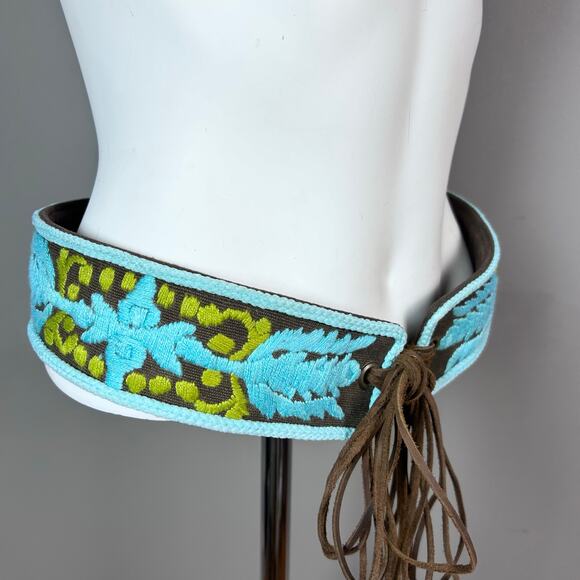 Tory Burch woven belt all over embroidery fringe tie boho hippie vintage 70s